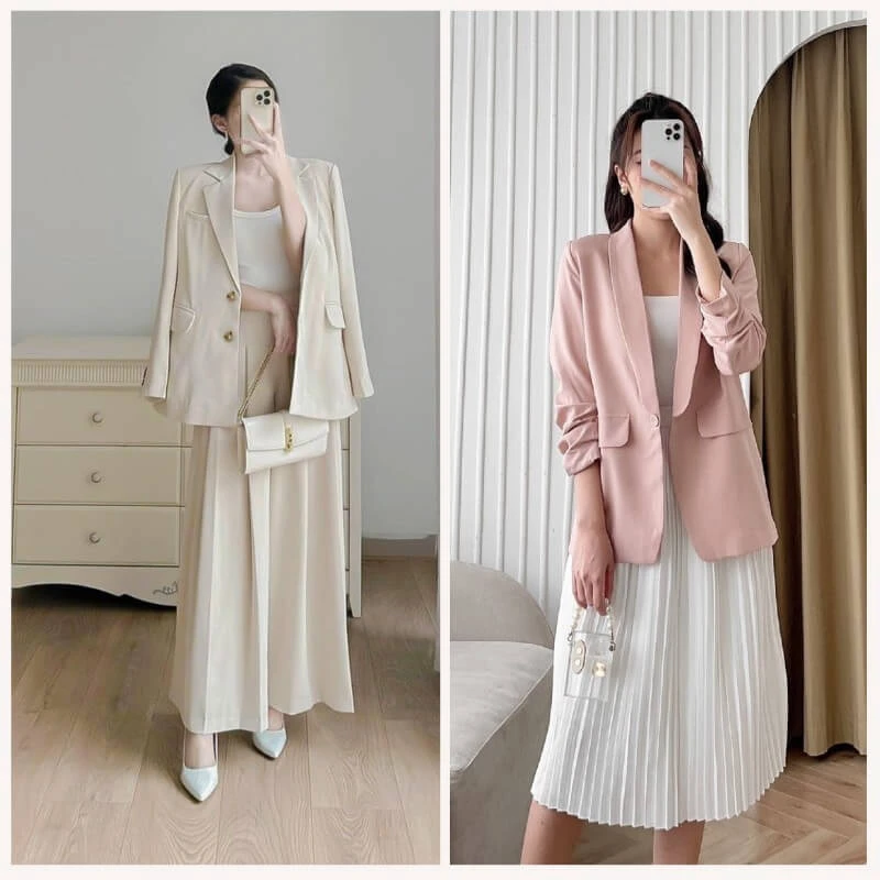 Phối chân váy xếp ly dài với áo blazer