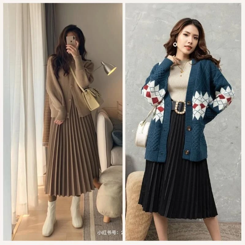 Phối váy xếp ly dài với áo cardigan