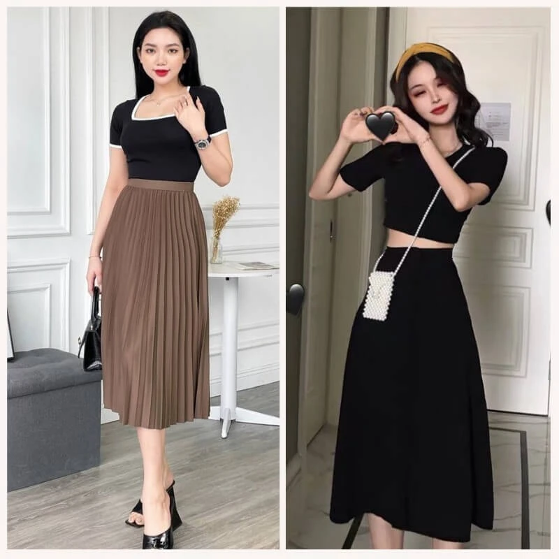 Phối váy xếp ly dài với áo croptop