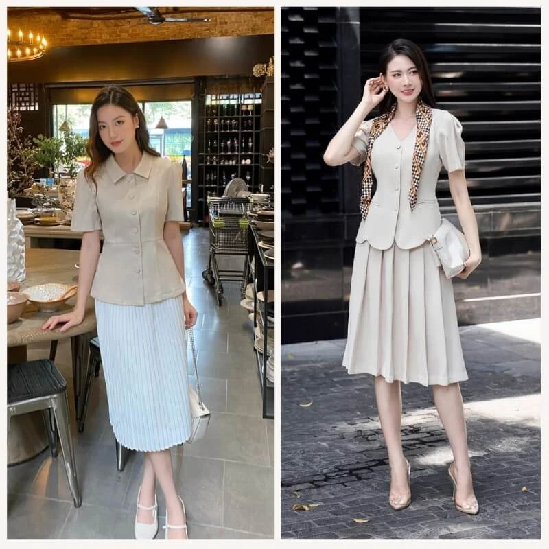 Phối váy xếp ly dài với áo peplum