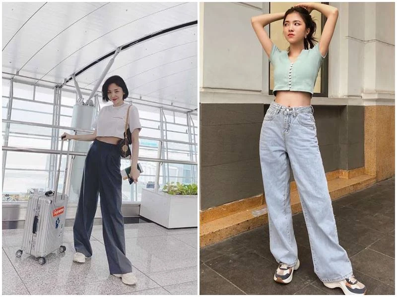 Quần jean ống rộng phối áo croptop