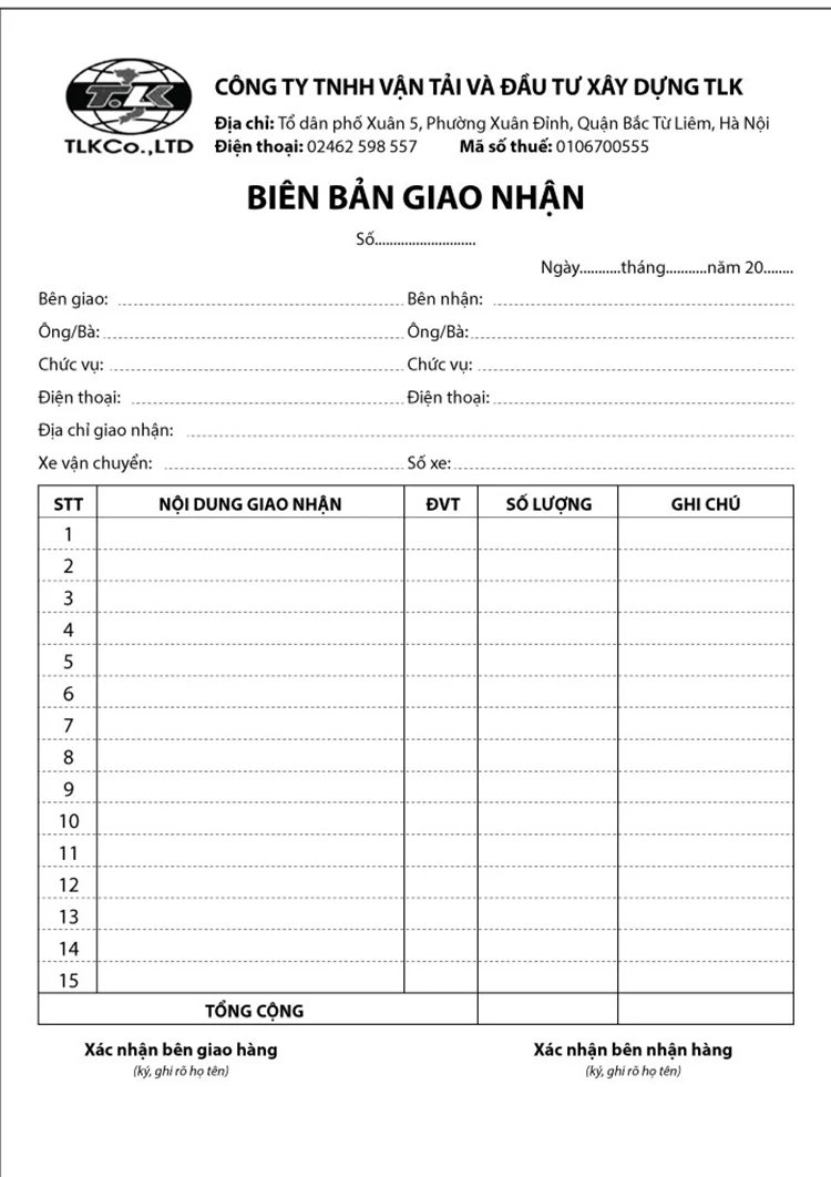 24 mẫu Giấy biên nhận Phiếu bàn giao hàng hóa thông dụng